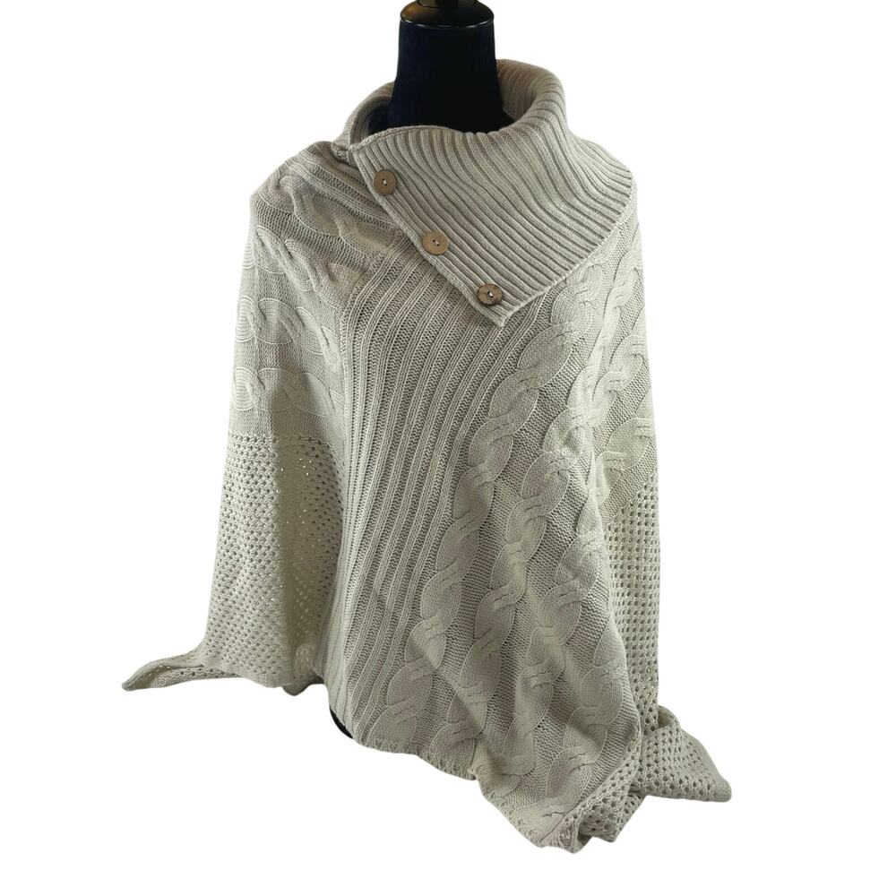 Charlie Paige Cable Knit Pointelle Poncho Sweater Beige Tan One Size Women NWT